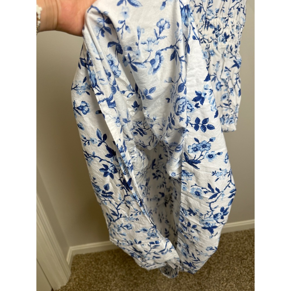 French Connection M Cotton Long Midi Dress Blue White Floral Coastal Cottage - Picture 8 of 10